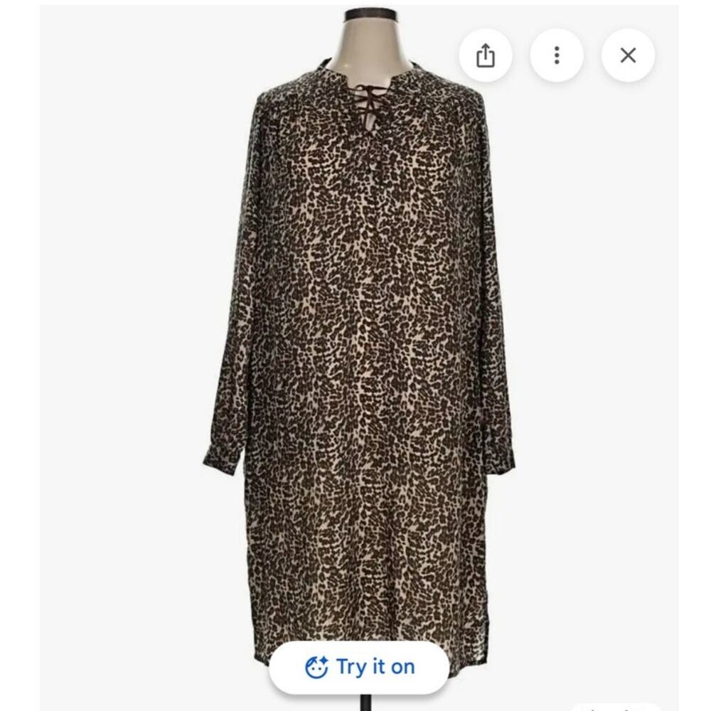 🐆 Three Dots Leopard Print Lace-Up Long Sleeve Midi Dress | Size Small